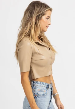 OLIVACEOUS NEW ARRIVALS SAND FAUX LEATHER COLLARED CROP TOP