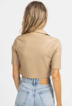 OLIVACEOUS NEW ARRIVALS SAND FAUX LEATHER COLLARED CROP TOP