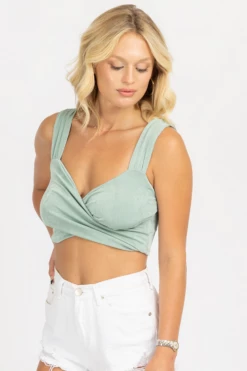 WINWIN APPAREL CLOTHING SEAFOAM FRONT WRAP CROP TANK