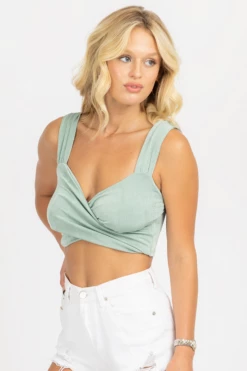 WINWIN APPAREL CLOTHING SEAFOAM FRONT WRAP CROP TANK
