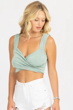WINWIN APPAREL CLOTHING SEAFOAM FRONT WRAP CROP TANK
