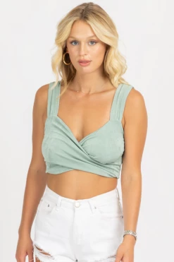 WINWIN APPAREL CLOTHING SEAFOAM FRONT WRAP CROP TANK
