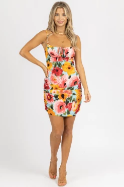 SUNDAY UP SIDE RUCHED SATIN MULTIFLORAL MINI DRESS CLOTHING