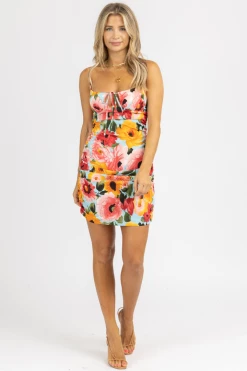 SUNDAY UP SIDE RUCHED SATIN MULTIFLORAL MINI DRESS CLOTHING