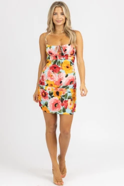 SUNDAY UP SIDE RUCHED SATIN MULTIFLORAL MINI DRESS CLOTHING