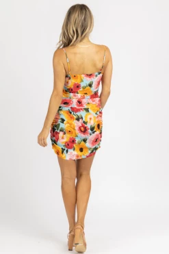 SUNDAY UP SIDE RUCHED SATIN MULTIFLORAL MINI DRESS CLOTHING