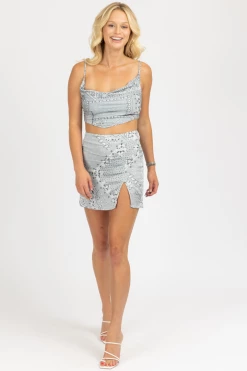 LEVEE SILVER BANDANA MINI SKIRT + CROP SET CLOTHING