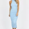 WINWIN APPAREL BLUE MOCK NECK RUCHED MIDI DRESS *BACK IN STOCK* NEW ARRIVALS