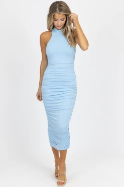 WINWIN APPAREL BLUE MOCK NECK RUCHED MIDI DRESS *BACK IN STOCK* NEW ARRIVALS