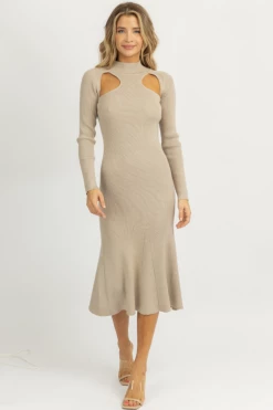 LUSH NEW ARRIVALS SMOKEY TAUPE CUTOUT KNIT MIDI DRESS
