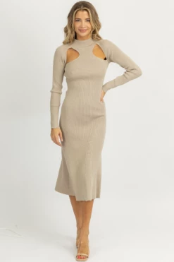 LUSH NEW ARRIVALS SMOKEY TAUPE CUTOUT KNIT MIDI DRESS