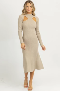 LUSH NEW ARRIVALS SMOKEY TAUPE CUTOUT KNIT MIDI DRESS