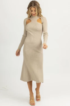 LUSH NEW ARRIVALS SMOKEY TAUPE CUTOUT KNIT MIDI DRESS