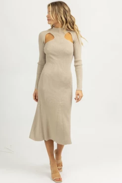 LUSH NEW ARRIVALS SMOKEY TAUPE CUTOUT KNIT MIDI DRESS
