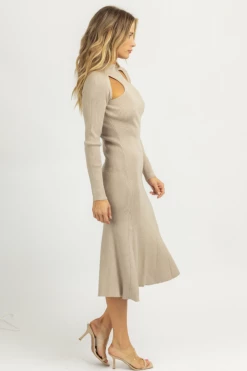 LUSH NEW ARRIVALS SMOKEY TAUPE CUTOUT KNIT MIDI DRESS