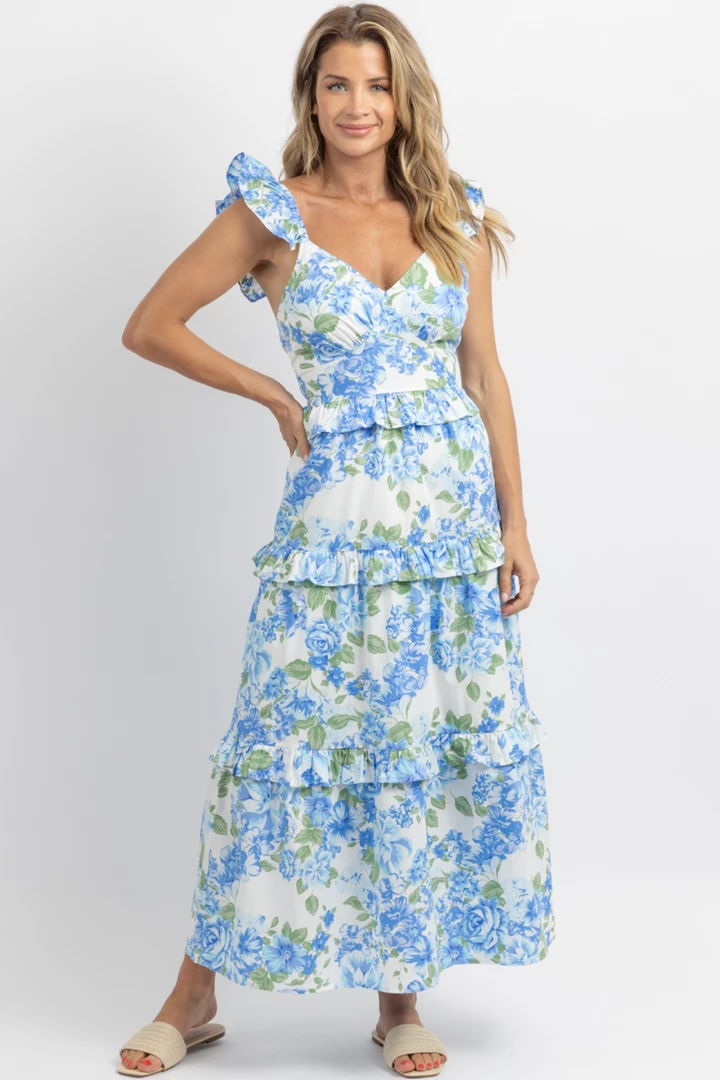 SUGARLIPS SOIREE BLUE FLORAL RUFFLE MAXI DRESS NEW ARRIVALS 2 SUGARLIPS SOIREE BLUE FLORAL RUFFLE MAXI DRESS NEW ARRIVALS