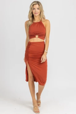 ENDLESS BLU SPICE SHIRRED MIDI SKIRT + CROP SET