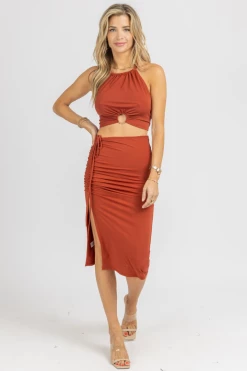 ENDLESS BLU SPICE SHIRRED MIDI SKIRT + CROP SET