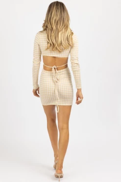 BAILEY ROSE TAN HOUNDSTOOTH OPEN BACK MINI DRESS