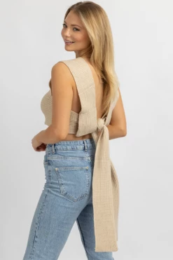 MABLE TAN KNIT SELF WRAP CROP TOP