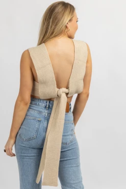 MABLE TAN KNIT SELF WRAP CROP TOP