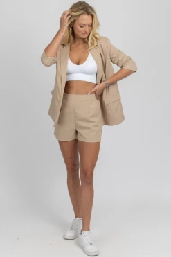 CRESCENT NEW ARRIVALS HIGH QUALITY TAN LINED BLAZER SHORT SET