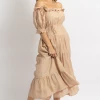 ONE AND ONLY NUDE OFF SHOULDER RUFFLE + TIE WAIST MAXI DRESS NEW ARRIVALS