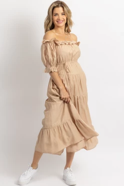 ONE AND ONLY NUDE OFF SHOULDER RUFFLE + TIE WAIST MAXI DRESS NEW ARRIVALS