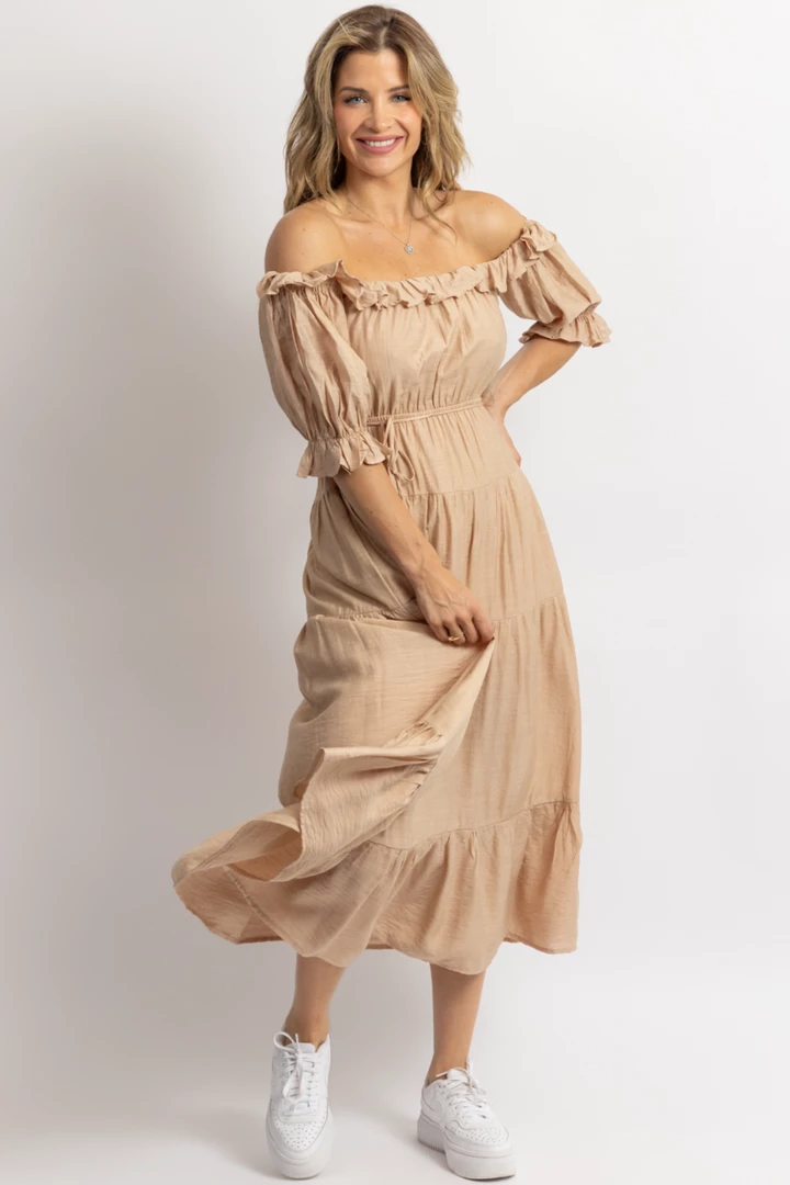 ONE AND ONLY NUDE OFF SHOULDER RUFFLE + TIE WAIST MAXI DRESS NEW ARRIVALS 4 ONE AND ONLY NUDE OFF SHOULDER RUFFLE + TIE WAIST MAXI DRESS NEW ARRIVALS