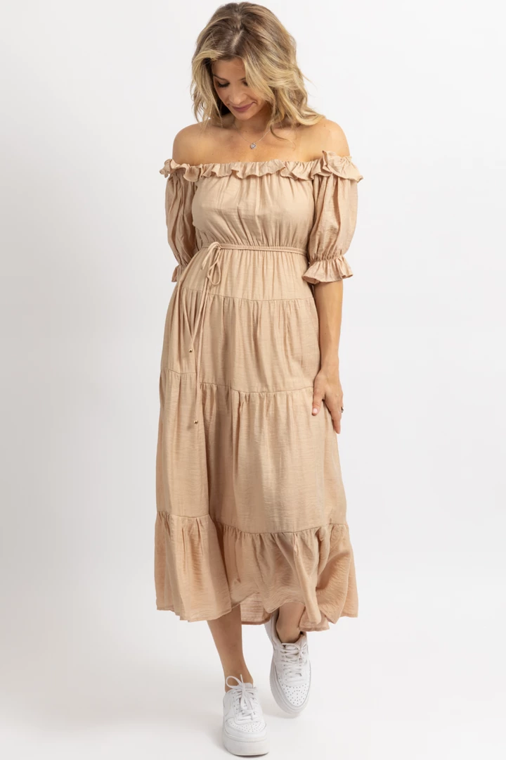 ONE AND ONLY NUDE OFF SHOULDER RUFFLE + TIE WAIST MAXI DRESS NEW ARRIVALS 2 ONE AND ONLY NUDE OFF SHOULDER RUFFLE + TIE WAIST MAXI DRESS NEW ARRIVALS