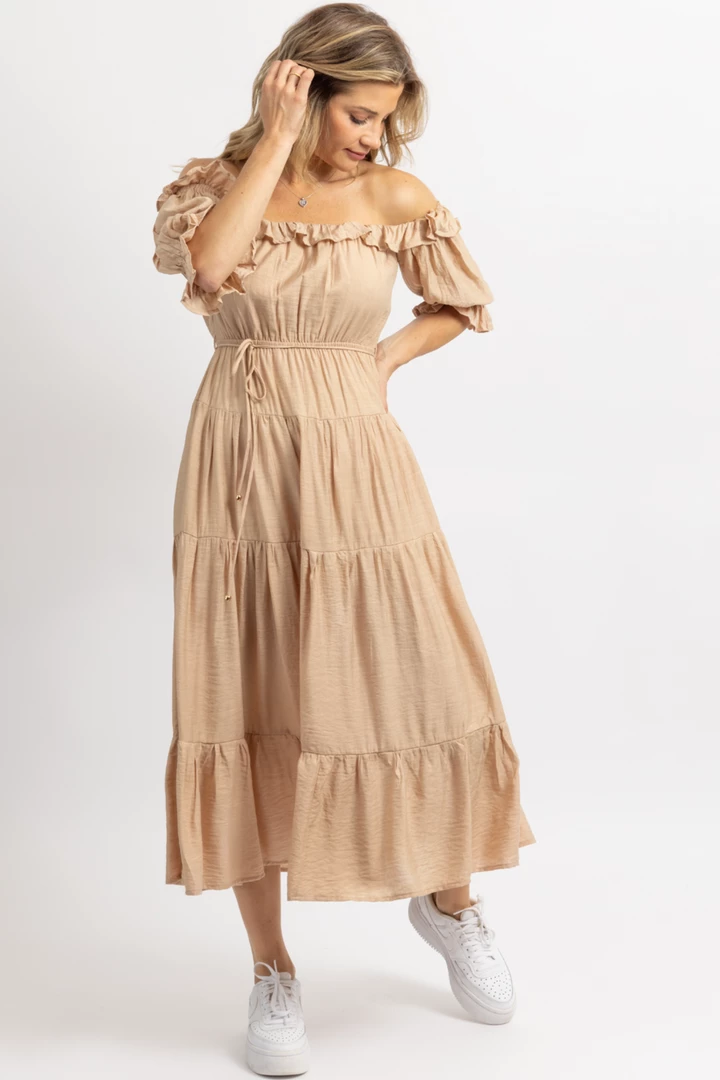ONE AND ONLY NUDE OFF SHOULDER RUFFLE + TIE WAIST MAXI DRESS NEW ARRIVALS 3 ONE AND ONLY NUDE OFF SHOULDER RUFFLE + TIE WAIST MAXI DRESS NEW ARRIVALS