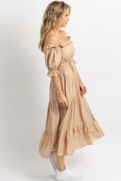ONE AND ONLY NUDE OFF SHOULDER RUFFLE + TIE WAIST MAXI DRESS NEW ARRIVALS 10 ONE AND ONLY NUDE OFF SHOULDER RUFFLE + TIE WAIST MAXI DRESS NEW ARRIVALS