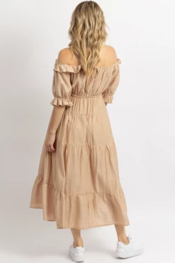 ONE AND ONLY NUDE OFF SHOULDER RUFFLE + TIE WAIST MAXI DRESS NEW ARRIVALS 11 ONE AND ONLY NUDE OFF SHOULDER RUFFLE + TIE WAIST MAXI DRESS NEW ARRIVALS