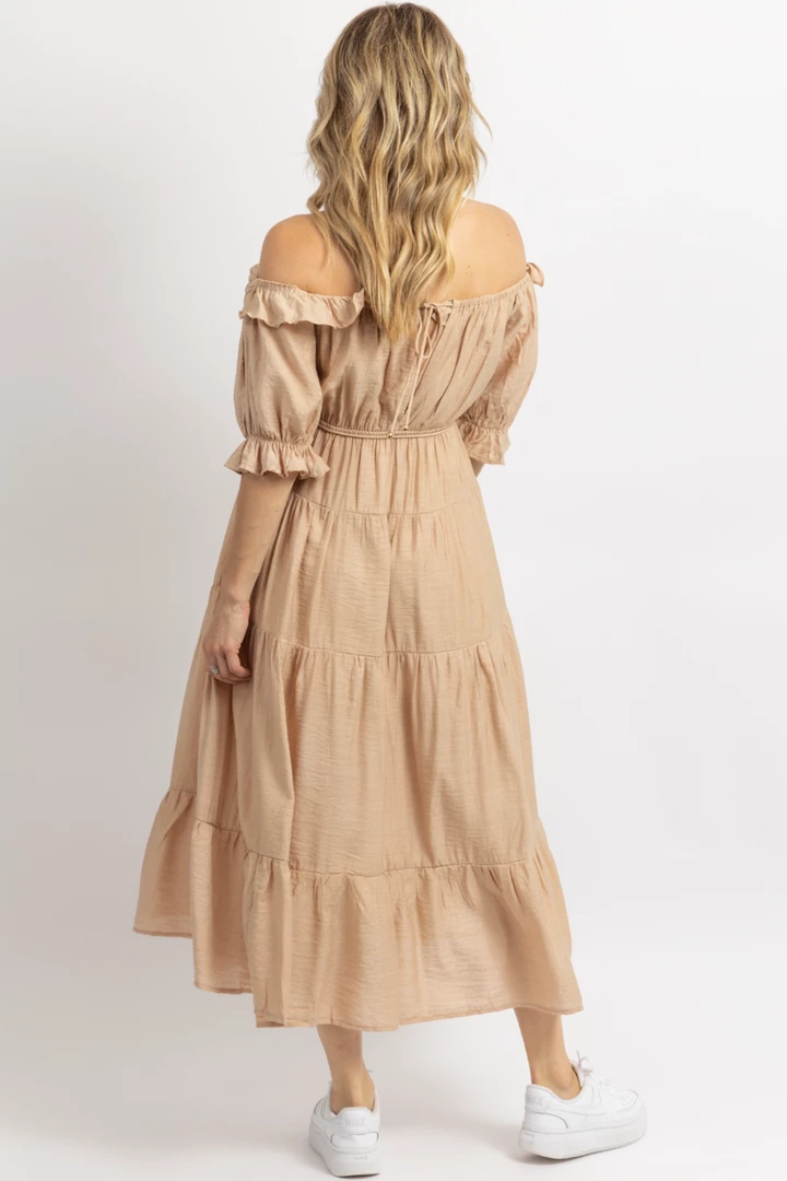 ONE AND ONLY NUDE OFF SHOULDER RUFFLE + TIE WAIST MAXI DRESS NEW ARRIVALS 6 ONE AND ONLY NUDE OFF SHOULDER RUFFLE + TIE WAIST MAXI DRESS NEW ARRIVALS