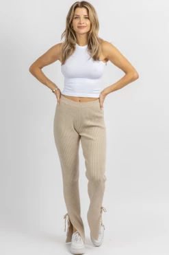EMORY PARK NEW ARRIVALS TAN KNIT SIDE SLIT + TIE PANT