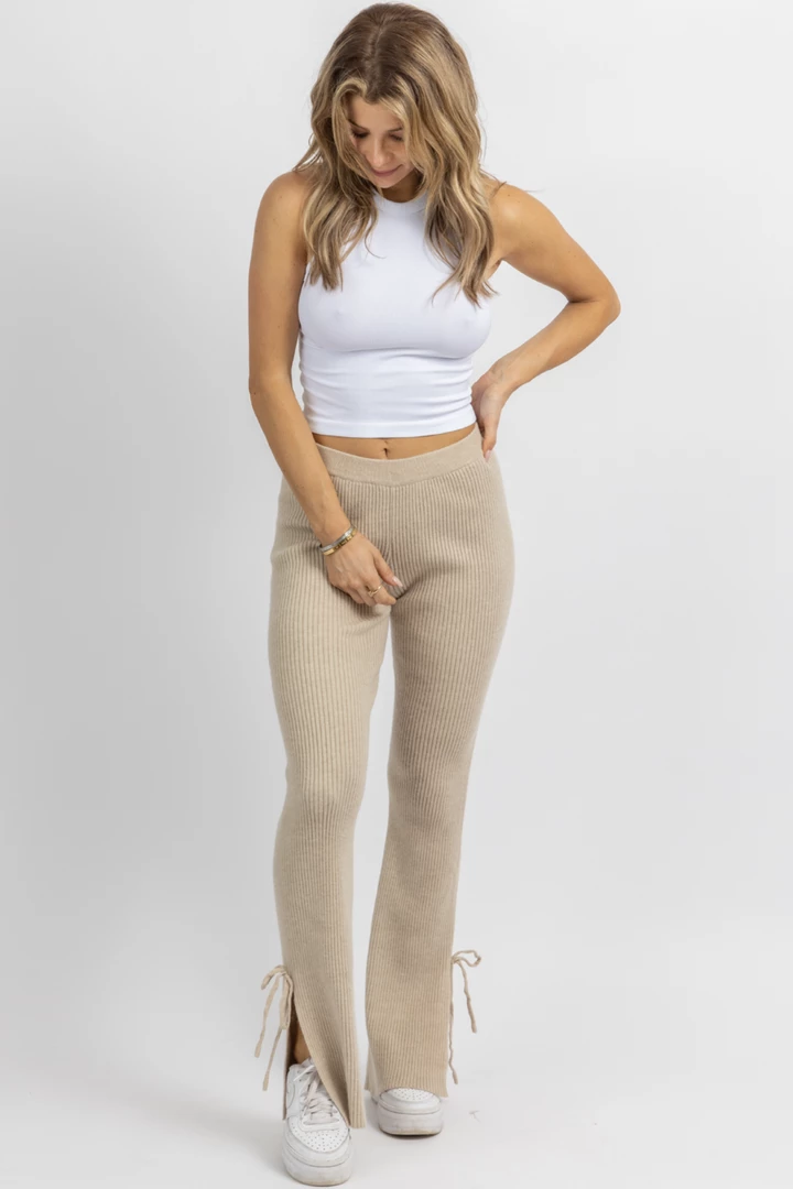 EMORY PARK NEW ARRIVALS TAN KNIT SIDE SLIT + TIE PANT 1 EMORY PARK NEW ARRIVALS TAN KNIT SIDE SLIT + TIE PANT