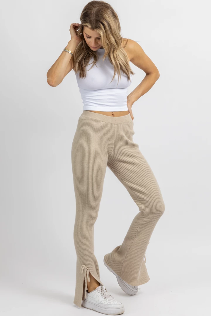 EMORY PARK NEW ARRIVALS TAN KNIT SIDE SLIT + TIE PANT 4 EMORY PARK NEW ARRIVALS TAN KNIT SIDE SLIT + TIE PANT