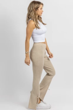 EMORY PARK NEW ARRIVALS TAN KNIT SIDE SLIT + TIE PANT 10 EMORY PARK NEW ARRIVALS TAN KNIT SIDE SLIT + TIE PANT