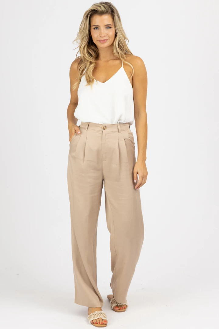ET CLET KHAKI PLEATED WOVEN PANTS 1 ET CLET KHAKI PLEATED WOVEN PANTS