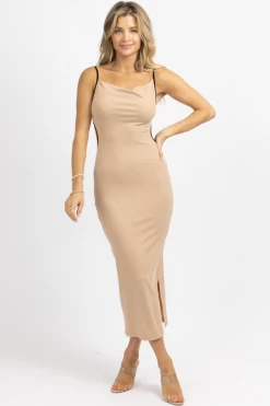 LENA NEW ARRIVALS TAUPE + BLACK CONTRAST RIBBED MIDI DRESS