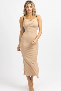 LENA NEW ARRIVALS TAUPE + BLACK CONTRAST RIBBED MIDI DRESS
