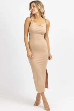 LENA NEW ARRIVALS TAUPE + BLACK CONTRAST RIBBED MIDI DRESS