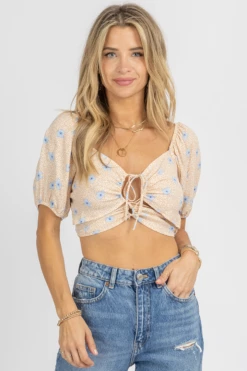 ENDLESS BLU TAUPE + BLUE FLORAL OFF SHOULDER TIE CROP NEW ARRIVALS