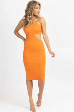 MABLE TANGERINE KNIT SIDE CUTOUT MIDI DRESS