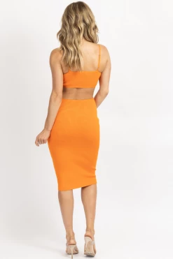 MABLE TANGERINE KNIT SIDE CUTOUT MIDI DRESS