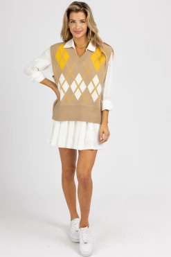MABLE TAUPE ARGYLE PATTERN SWEATER VEST