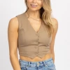 HEY BABE TAN BUTTON FRONT VEST TOP NEW ARRIVALS