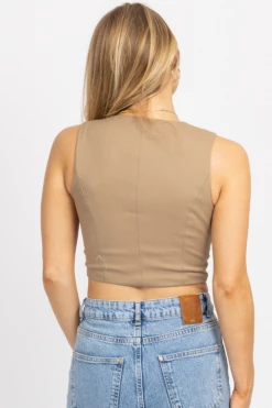 HEY BABE TAN BUTTON FRONT VEST TOP NEW ARRIVALS