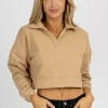 BAILEY ROSE NEW ARRIVALS TAUPE LONG SLEEVE COLLARED KNIT CROP TOP
