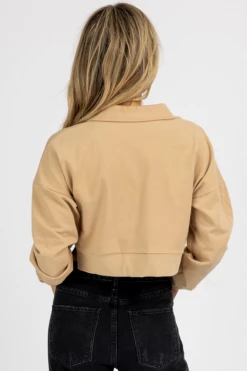 BAILEY ROSE NEW ARRIVALS TAUPE LONG SLEEVE COLLARED KNIT CROP TOP